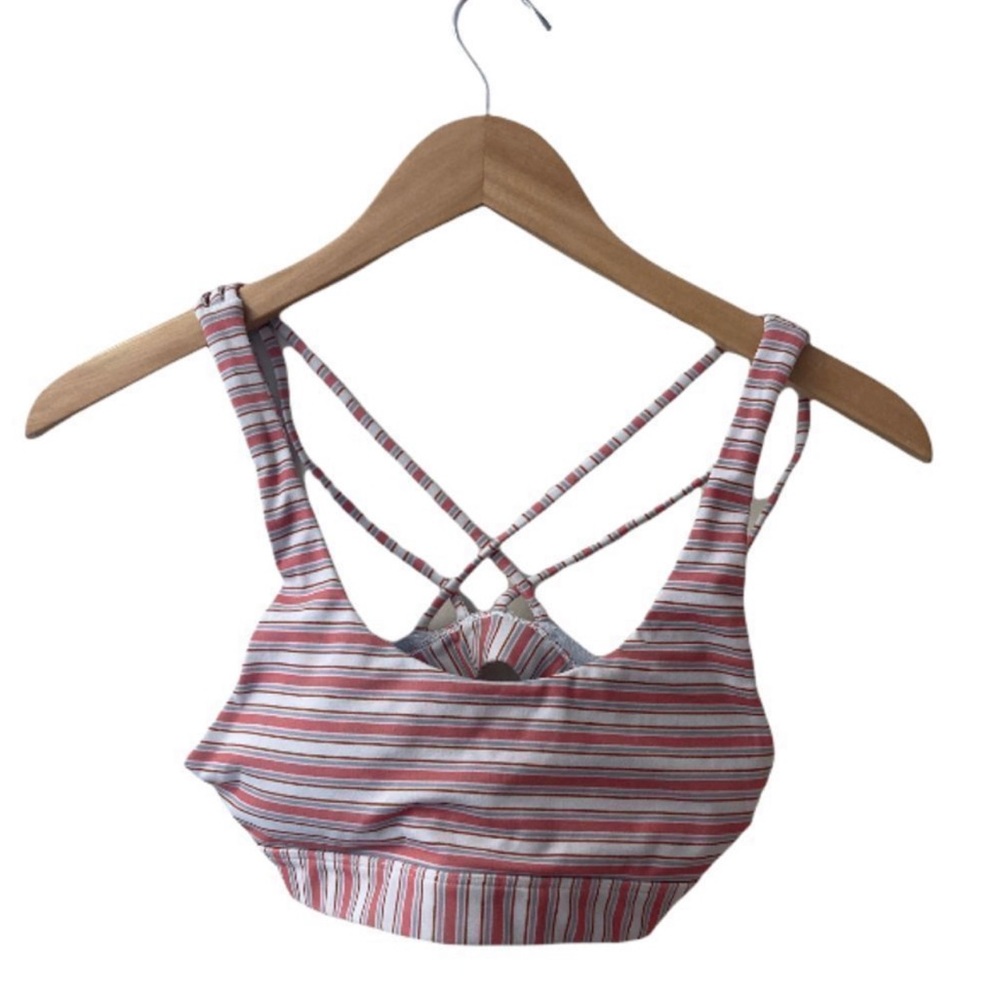 Lorna Jane strappy striped sports bra pink and white size small